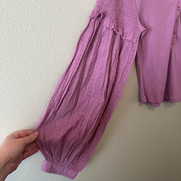 Anthropologie Pilcro The Andie Ribbed Henley Top Balloon Sleeve Smocked Purple - Picture 3 of 6